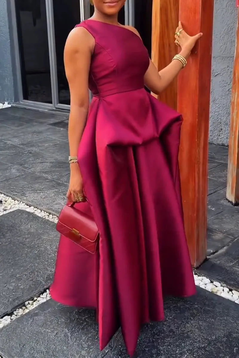 Women Oblique Shoulder Patchwork Solid Color Elegant Temperament Dress
