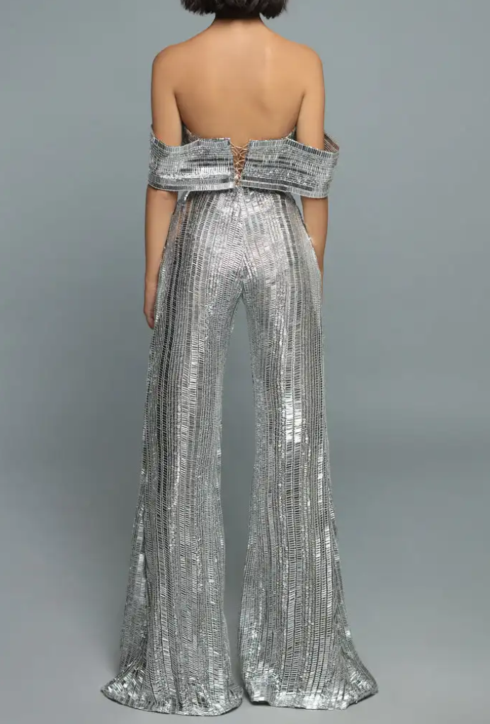 Silver Metallic Off-Shoulder Flared Leg Jumpsuit