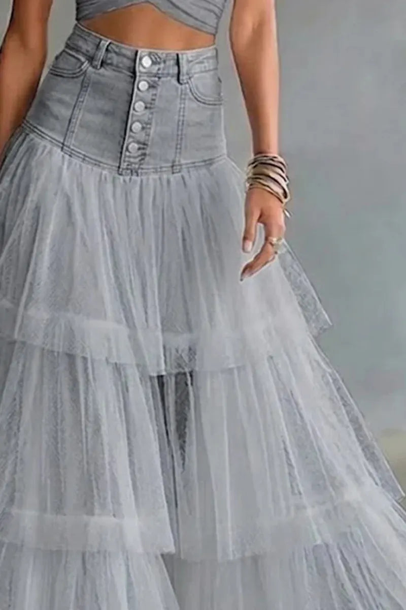 Ladies' Fashionable Casual Patchwork Mesh Denim Skirt