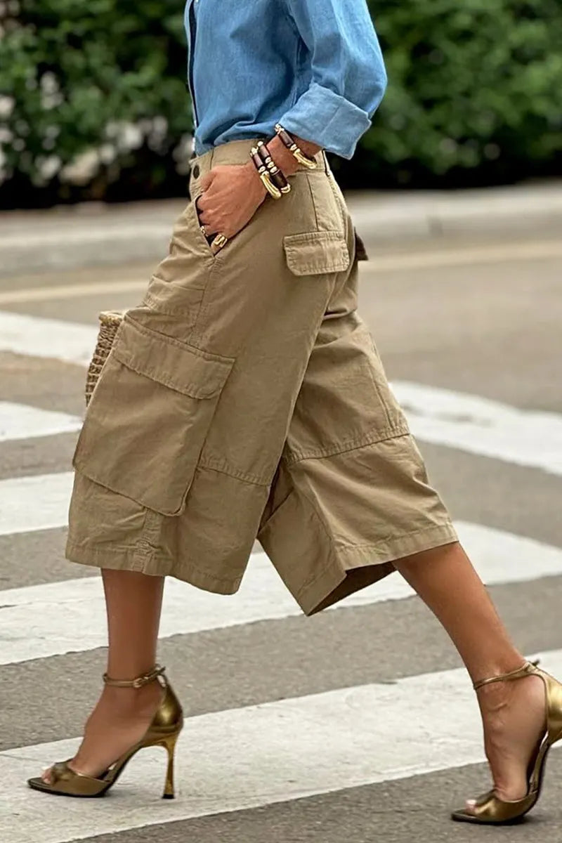 Women High Rise Side Flap Cargo Pockets Loose Straight Cropped Wide Leg Culotte Trousers