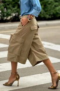 Women High Rise Side Flap Cargo Pockets Loose Straight Cropped Wide Leg Culotte Trousers