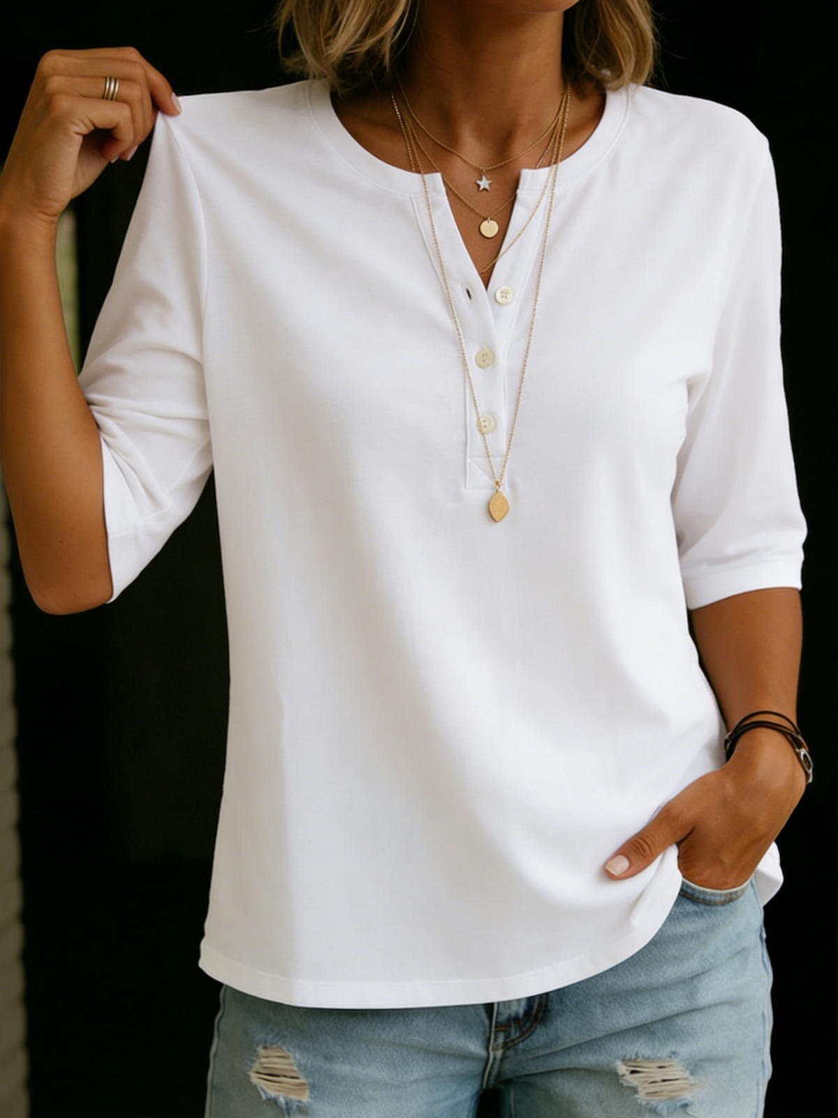 Classic Henley Collar 100% Cotton T-shirt
