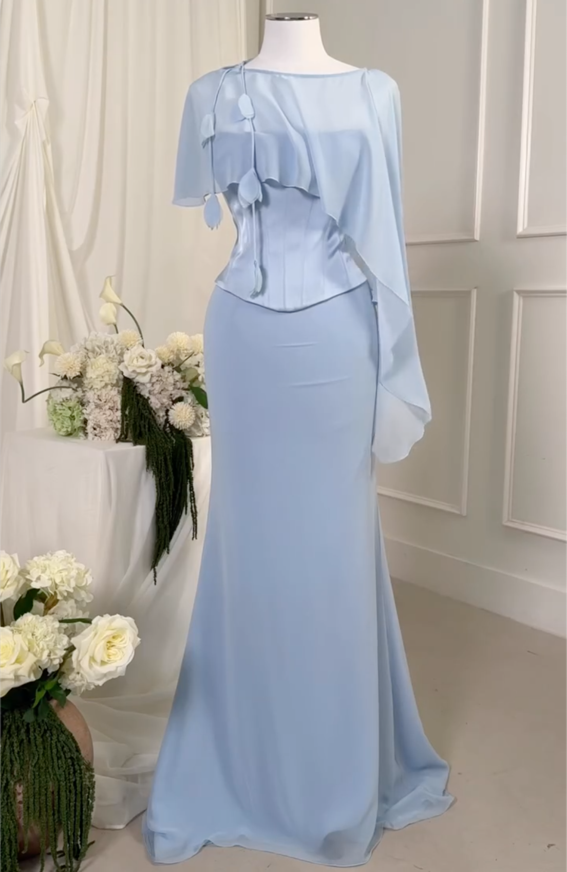 2-Color Chiffon Capelet Corset Mermaid Maxi Dresses - Light Blue / Yellow Formal Evening Gowns
