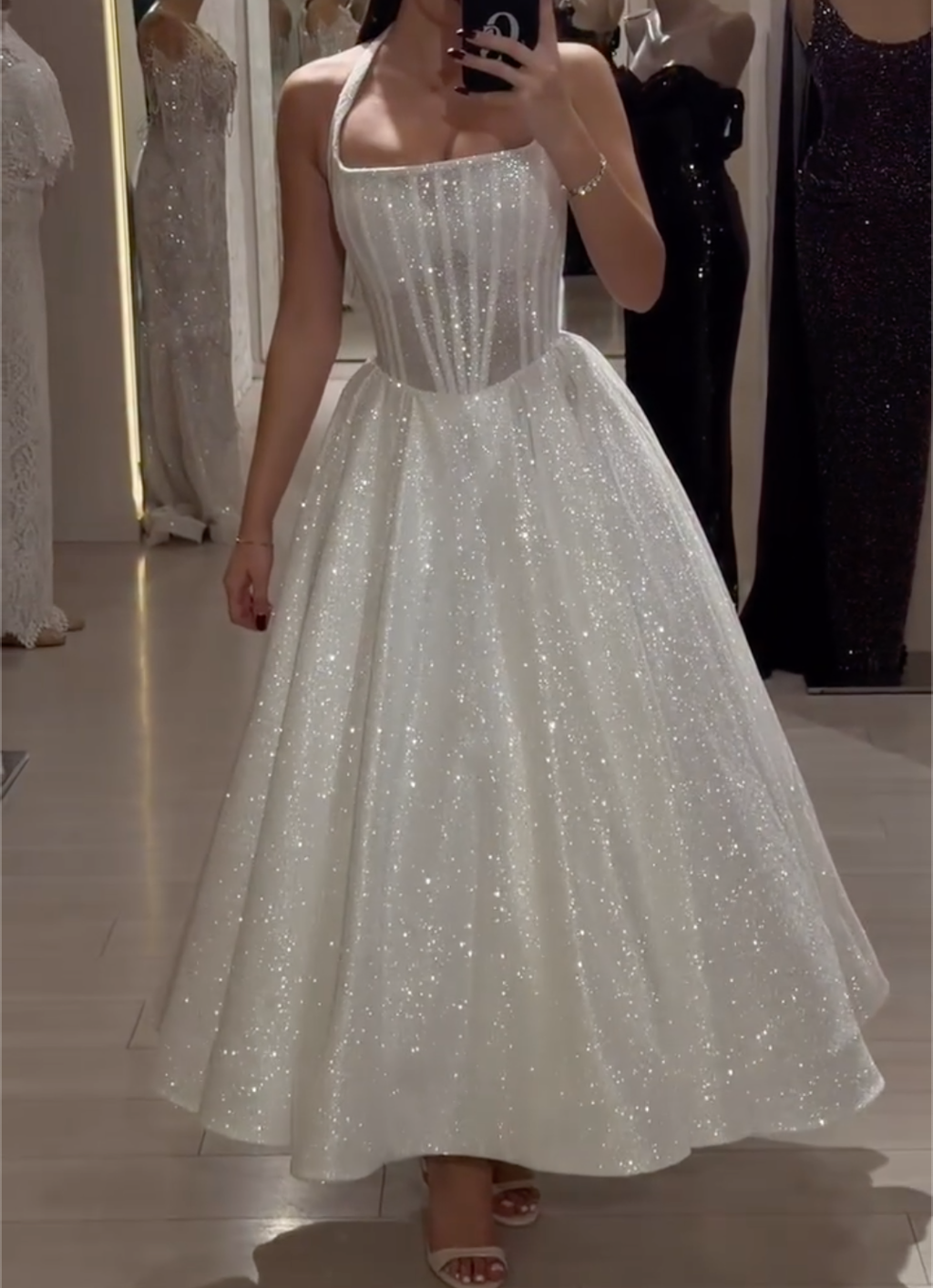 Ivory/Champagne Glitter Tulle Midi Dress with Square Neck & Corset Bodice