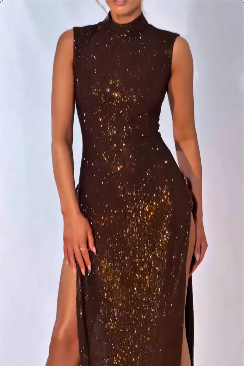 Chocolate Brown Sequin Maxi Dress with Crystal Ring Cutout High Slit