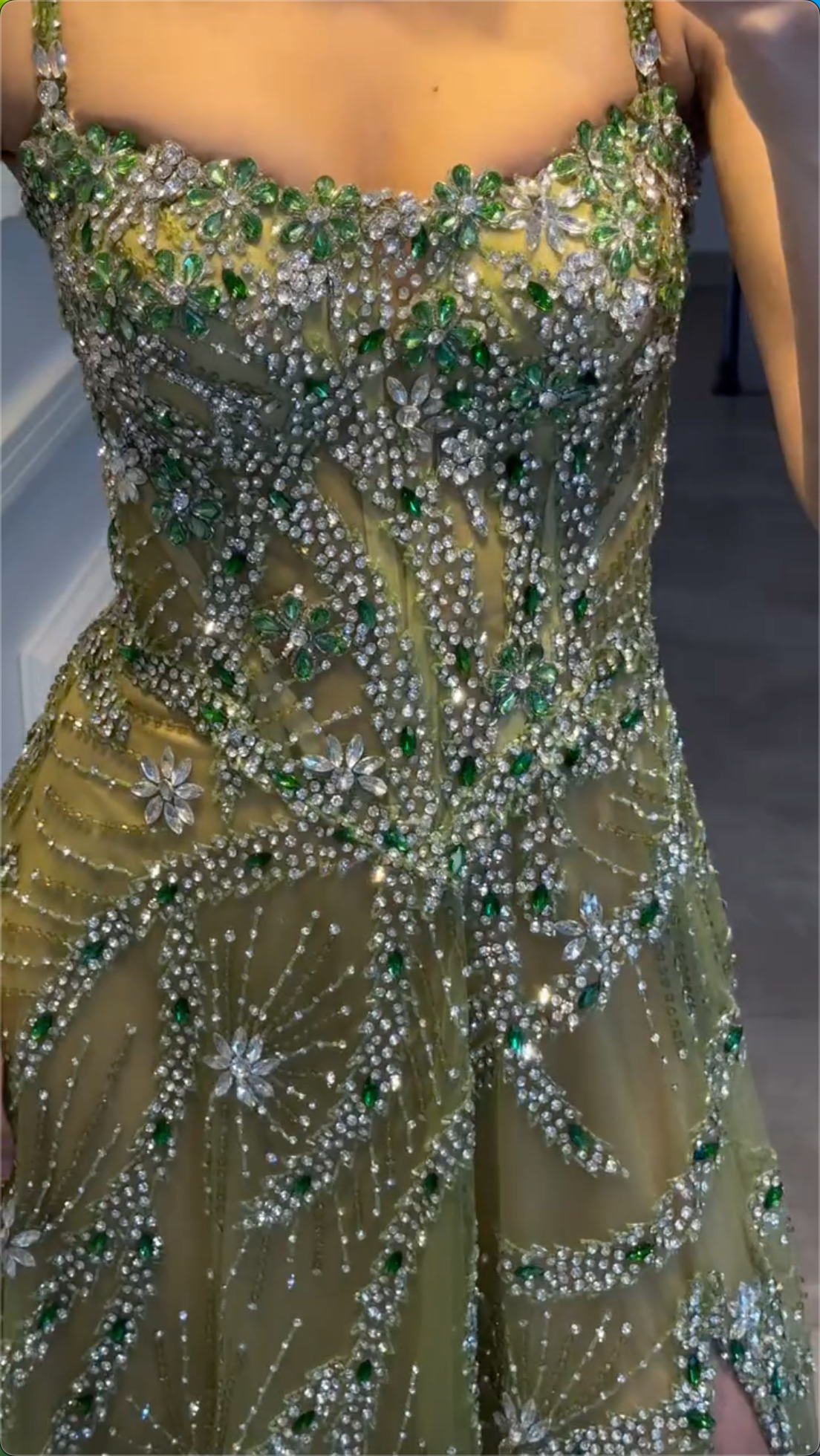 Multi-Color Floral Crystal Beaded Spaghetti Strap High Split Tulle Maxi Evening Dress, Formal Prom Pageant Gown