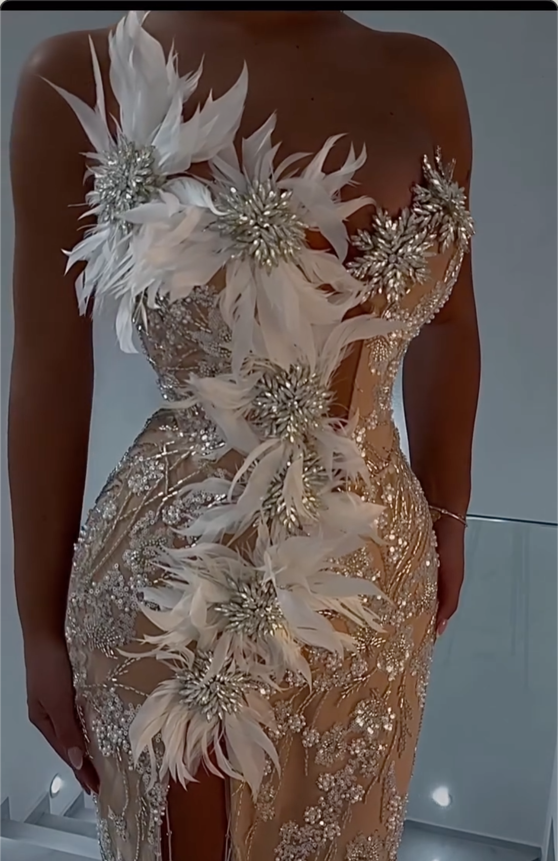 Silver Nude Strapless Feather Mermaid Maxi Dress