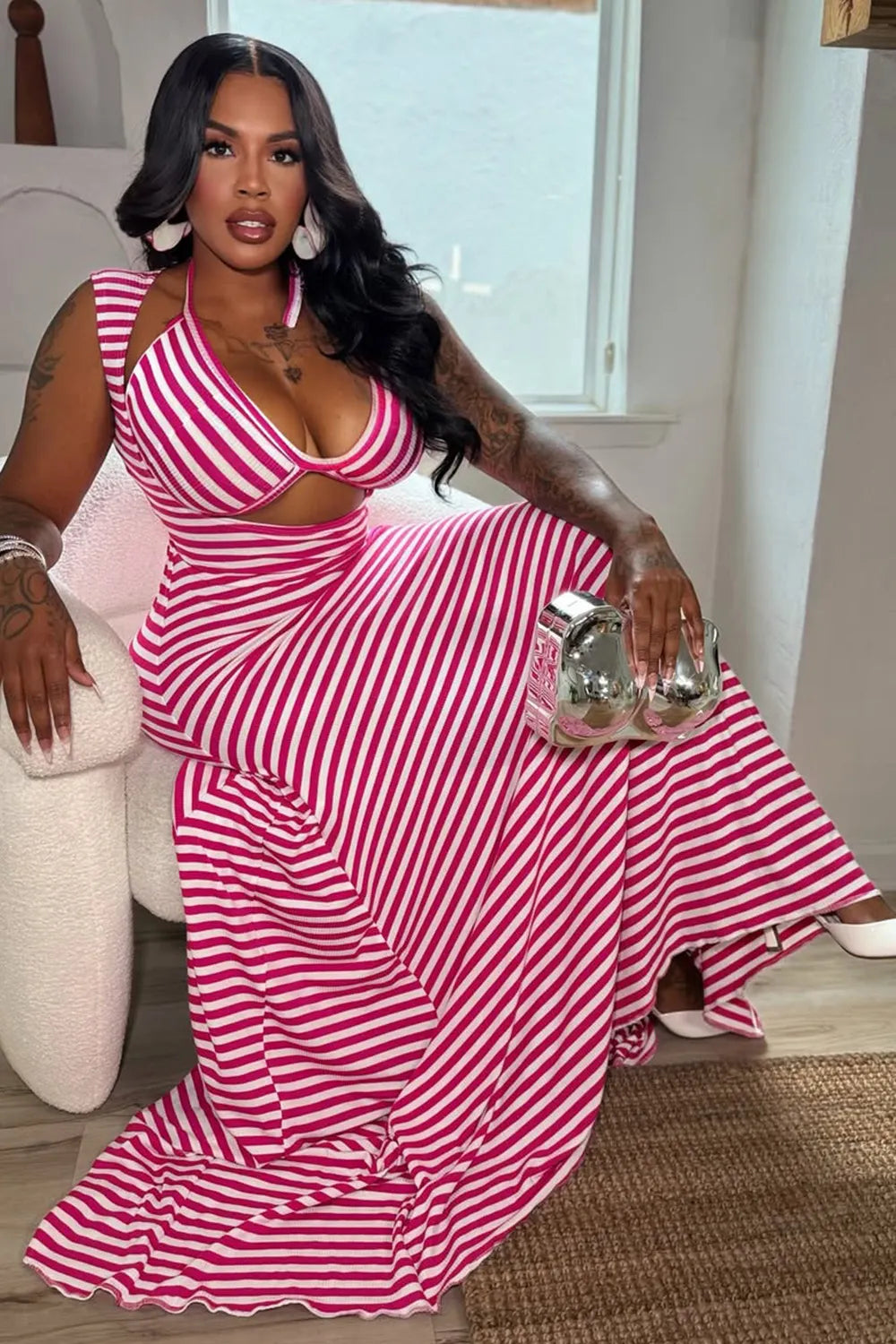 Stripe Print Sleeveless Cut Out Vacation Maxi Dresses-Fuchsia [Pre Order]