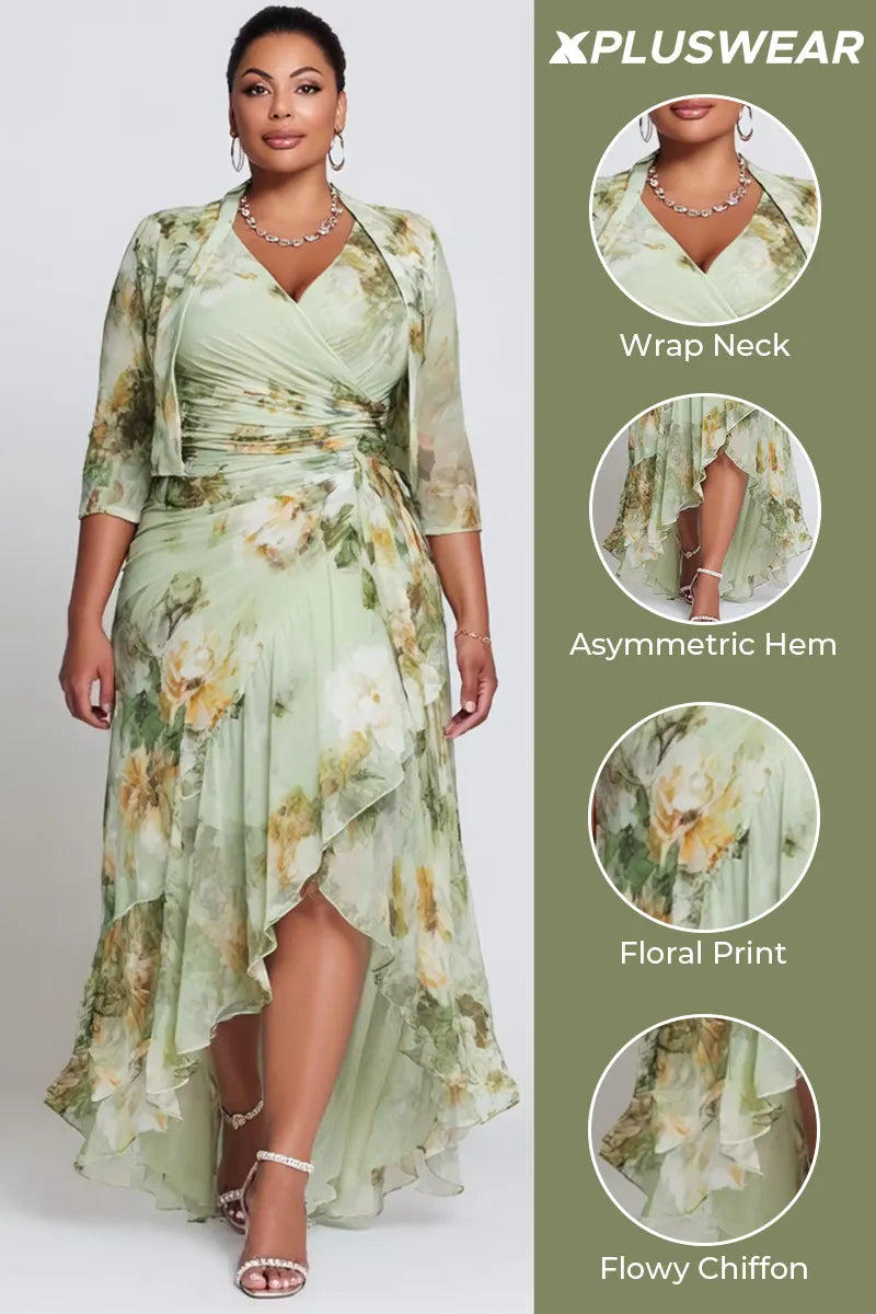 Mother Of The Bride Sage Green Floral Wrap Neck 3/4 Sleeve Fold Asymmetric Hem Chiffon Two Piece Dress Set