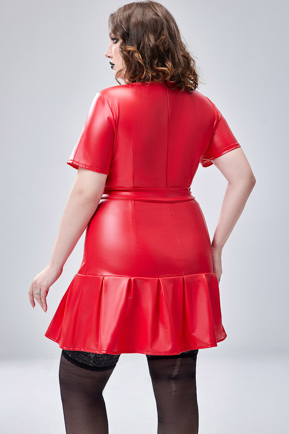 Halloween Costume Red Pu-Leather Short Sleeve Wrap Mini Dress(Ships 24h)