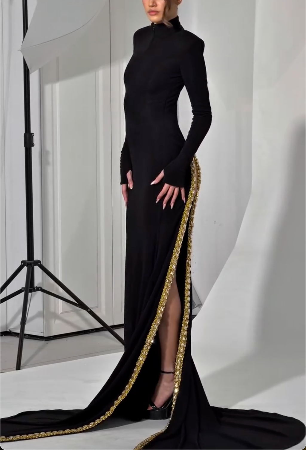 Opulent Black High-Neck Long-Sleeve Mermaid Maxi Dress with Gold Crystal Trim & High Slit