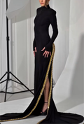 Opulent Black High-Neck Long-Sleeve Mermaid Maxi Dress with Gold Crystal Trim & High Slit
