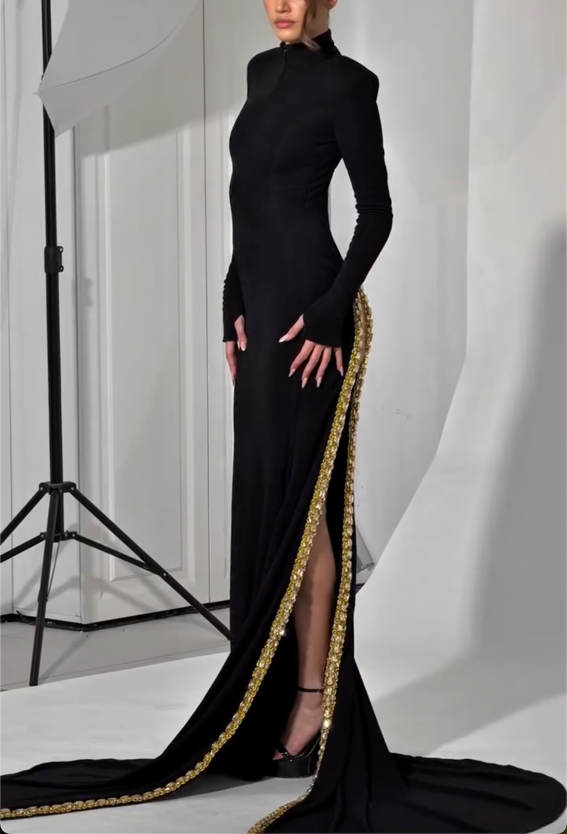 Opulent Black High-Neck Long-Sleeve Mermaid Maxi Dress with Gold Crystal Trim & High Slit