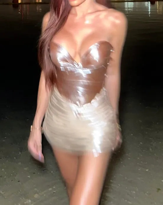 Metallic Bronze Two-Piece Strapless Ruched Corset Top & Mini Skirt Set