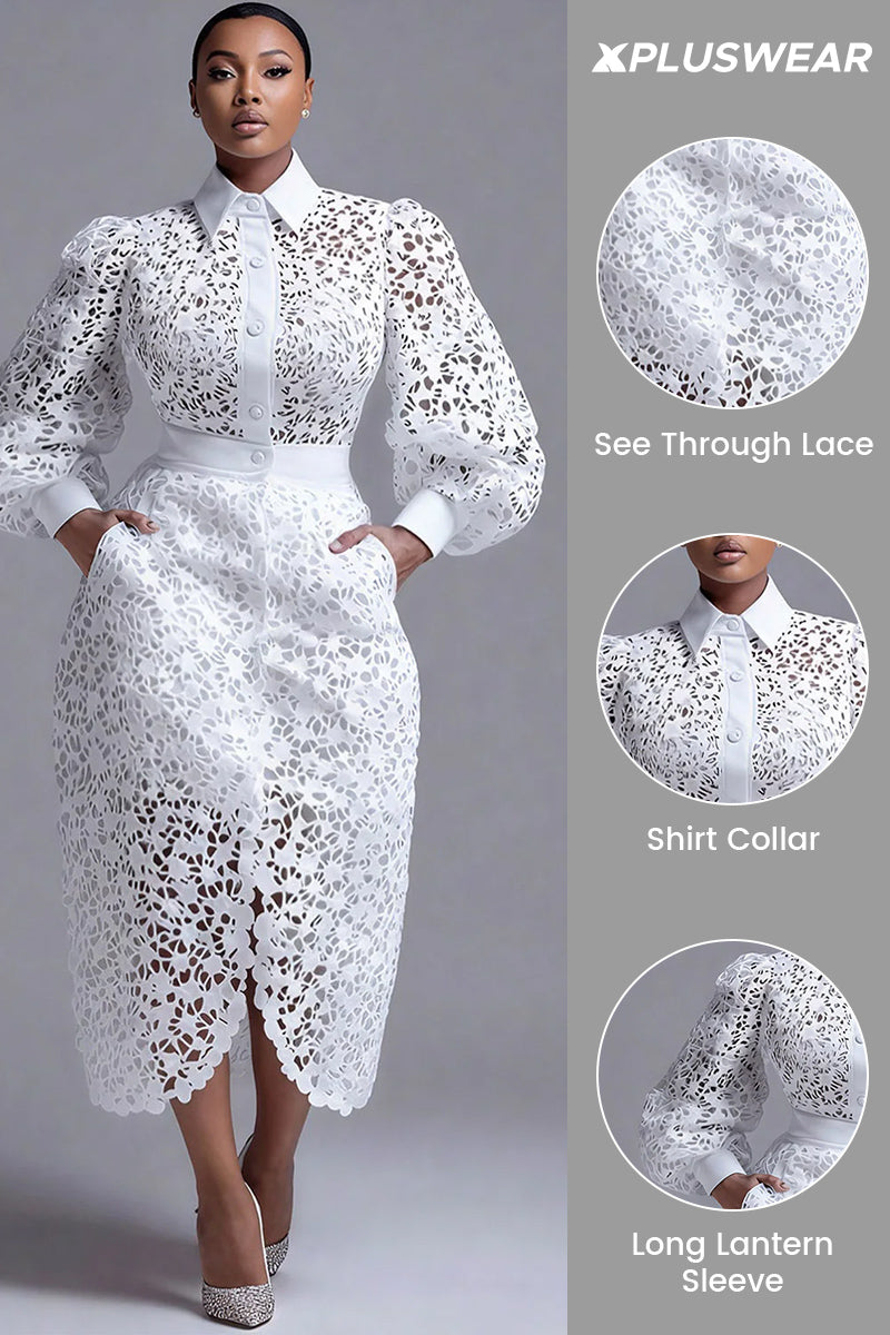 Business Casual White Shirt Collar Lantern Sleeve Long Sleeve Split Elegant See Through Lace Two Piece Skirt Sets