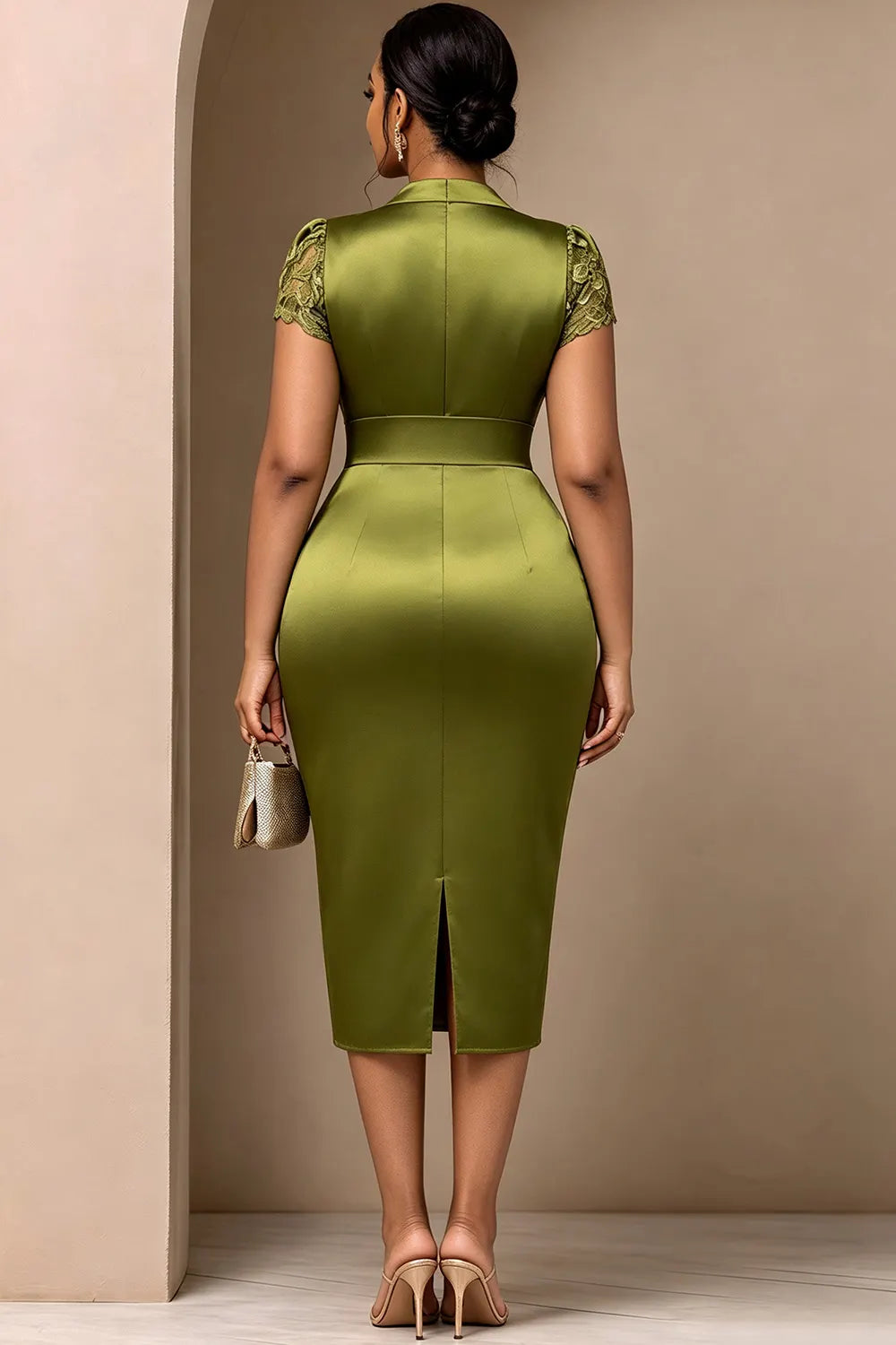Cocktail Party Lace Green V Neck Short Sleeve Embroidery Bodycon Satin Midi Dresses