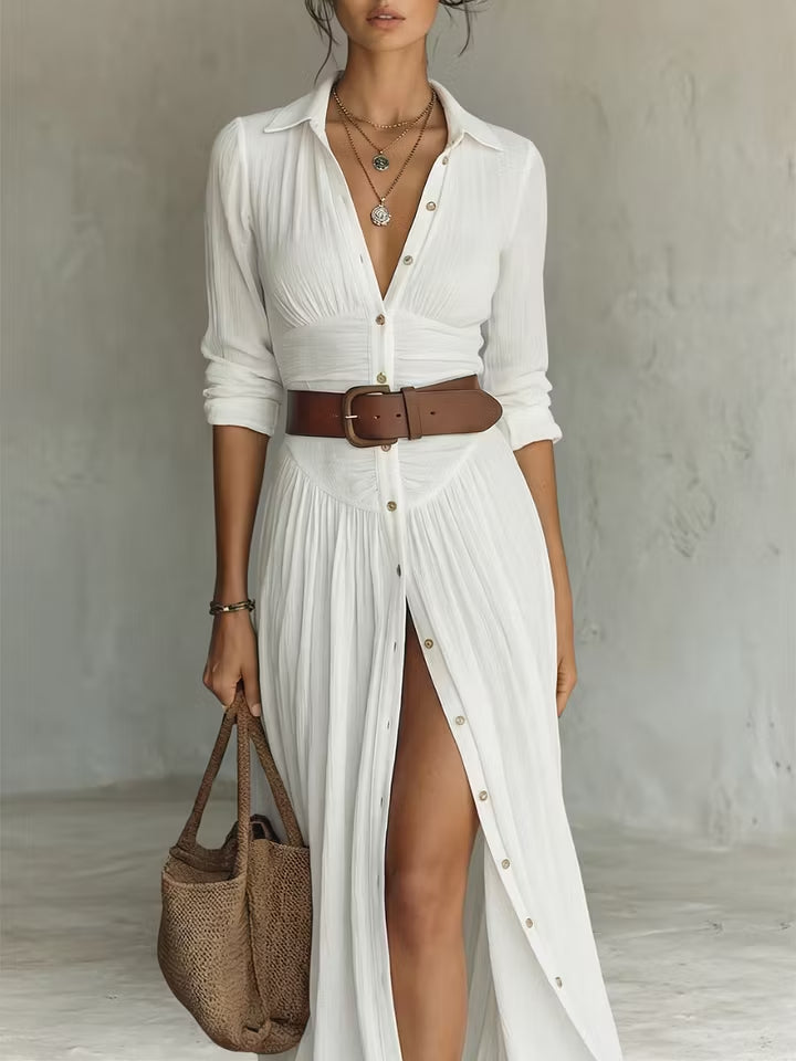 White Button-Down Pleated Shirt Maxi Dress – Effortless Resort Elegance