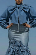 Women's Casual High Neck Oversized Bow Puff Long Sleeve Cropped Denim Blouse Or High Waist 3D Rose Floral Applique Side Slit Ruffle Mermaid Denim Skirt