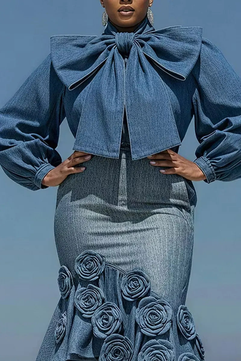 Women's Casual High Neck Oversized Bow Puff Long Sleeve Cropped Denim Blouse Or High Waist 3D Rose Floral Applique Side Slit Ruffle Mermaid Denim Skirt