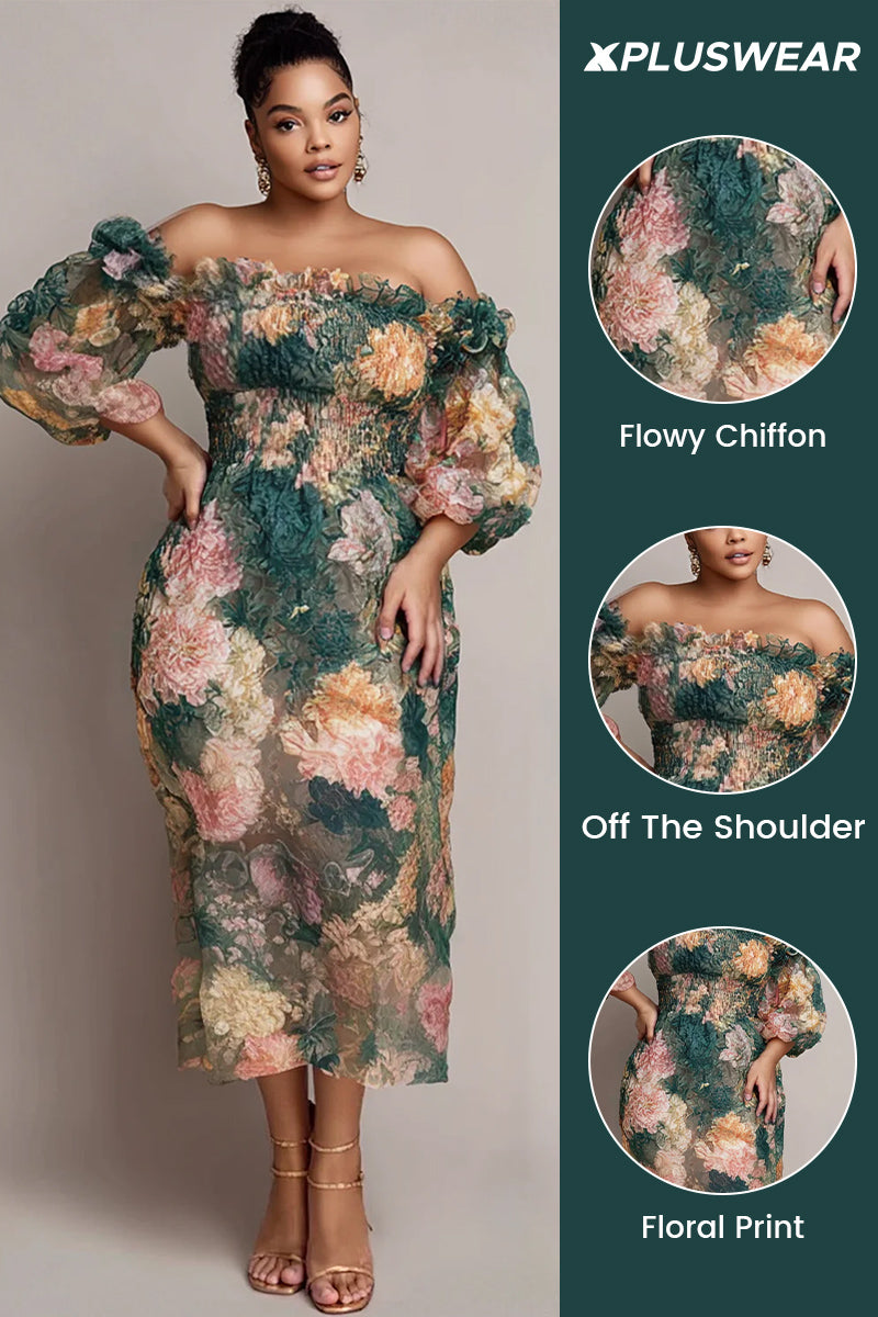 Wedding Guest Green Floral Off The Shoulder Short Sleeve Smocking Chiffon Midi Dresses