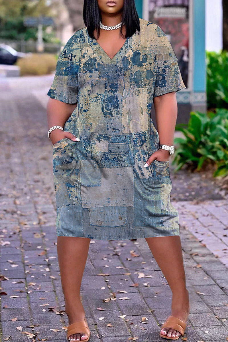 Xpluswear Plus Size Casual V Neck Short Sleeve Print Loose Midi Dress