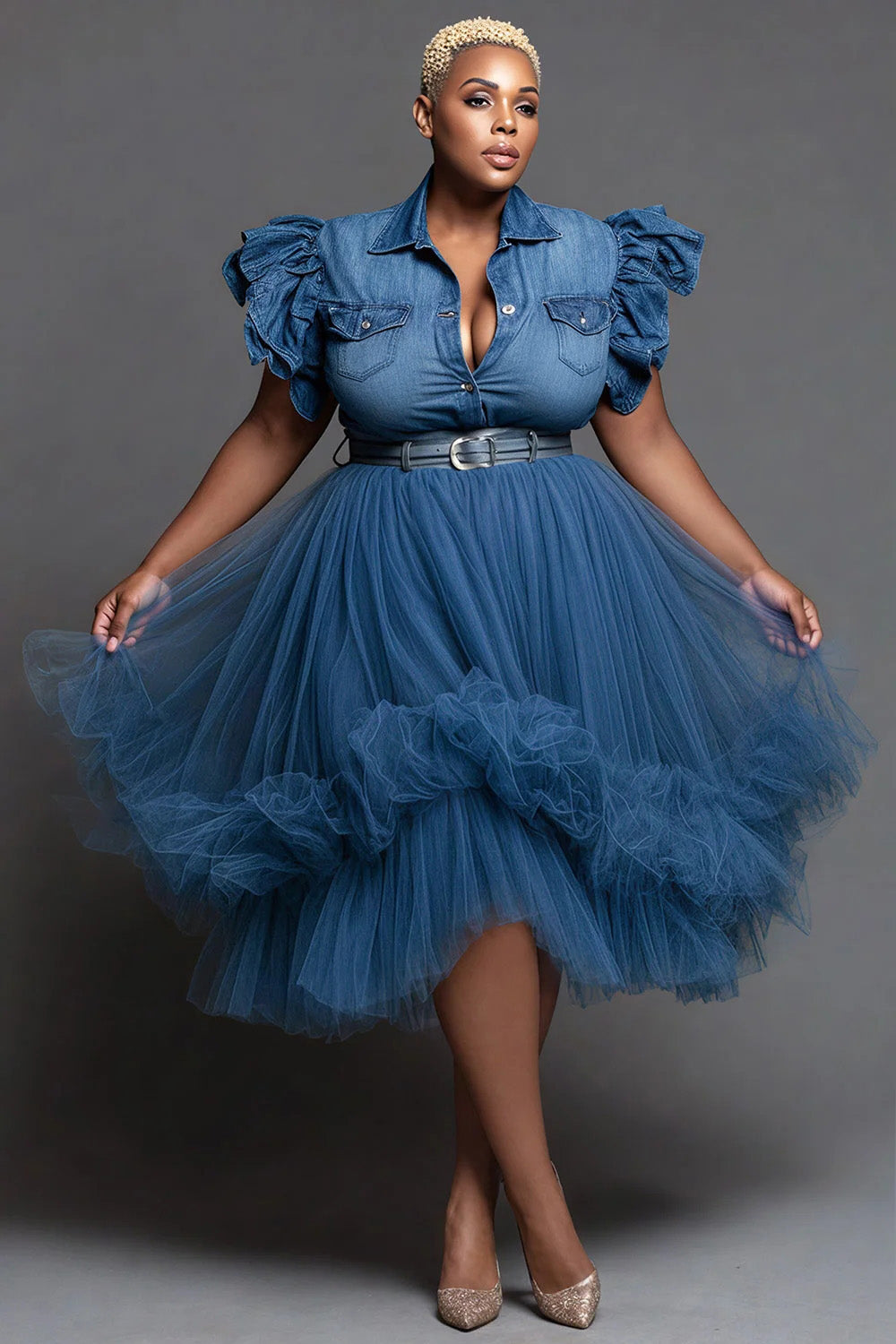 Xpluswear Design Plus Size Party Tulle Blue Shirt Collar Short Sleeve Contrast Elegant Tencel Denim Midi Dresses
