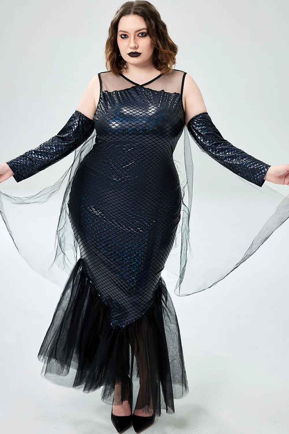 Halloween Costume Black Gothic Mermaid Glitter Maxi Dress(Ships 24h)