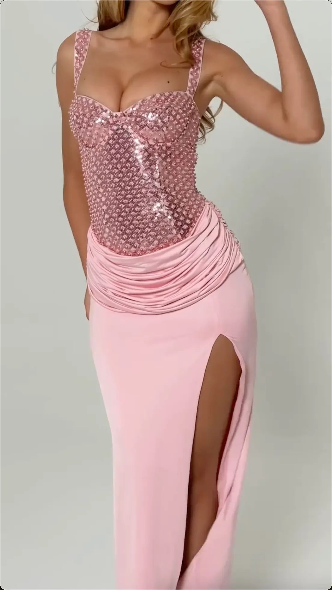 2-Color Sweetheart Beaded Sequin Maxi Dresses - Black / Pink Formal Evening Gowns