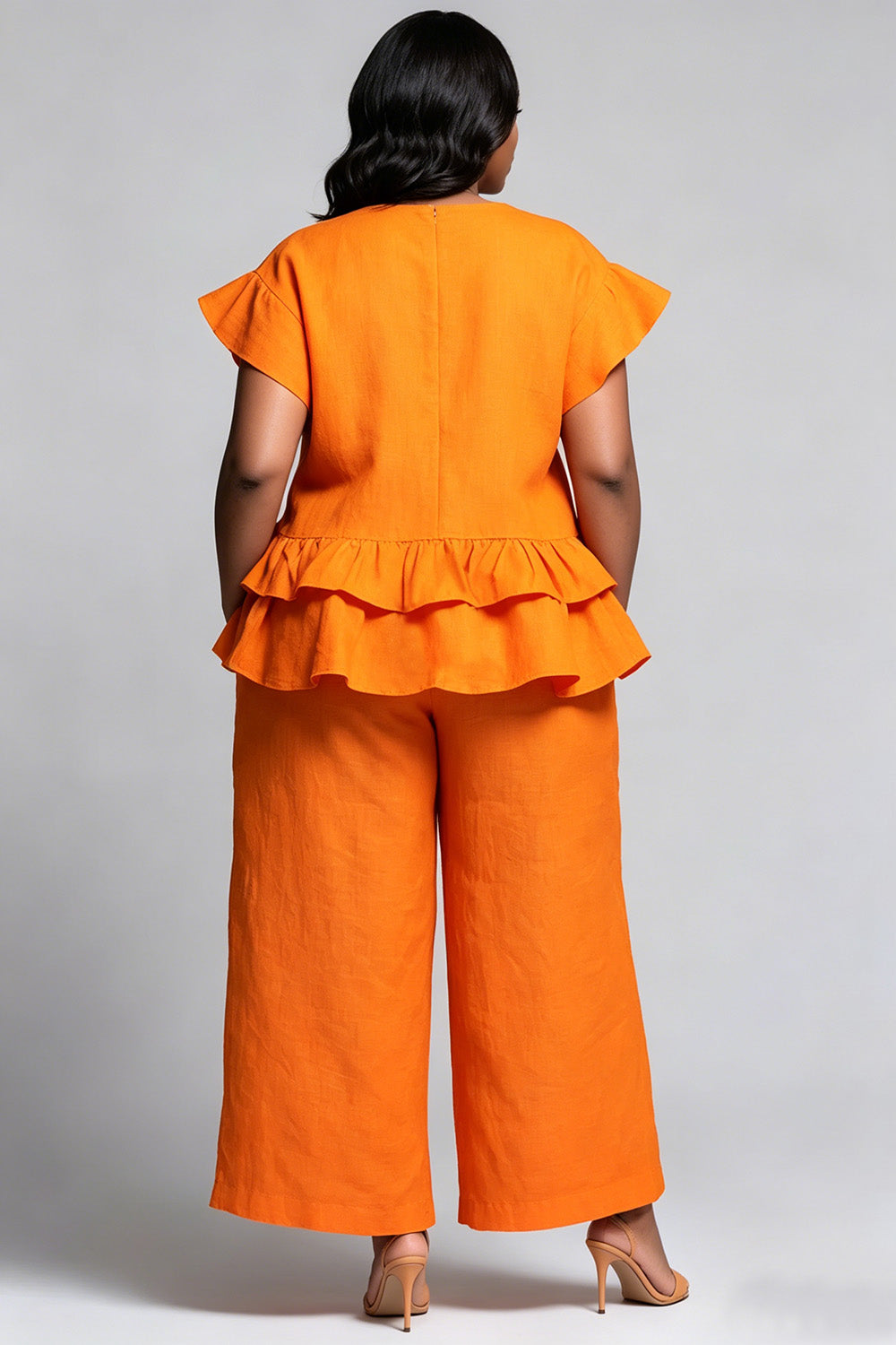 Vacation Casual Orange Round Neck Flutter Sleeve Ruffle Pocket Linen Two Piece Pant Sets