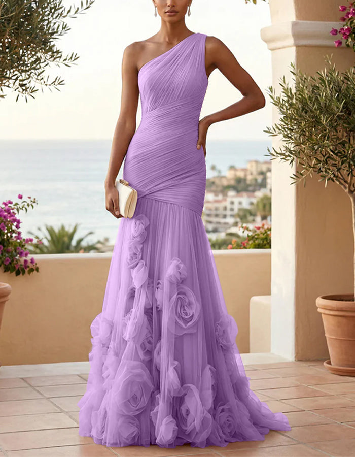 Solid Color One Shoulder 3D Floral Mesh Fishtail Maxi Dress