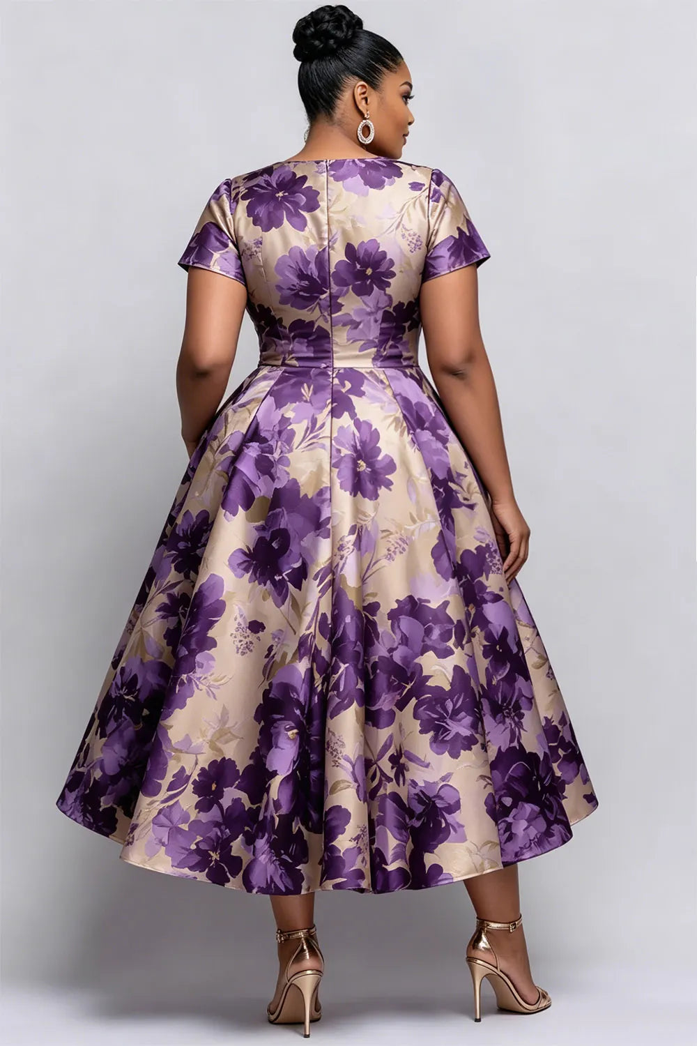 Cocktail Party Purple Floral Round Neck Short Sleeve Pocket Satin Midi Dresses