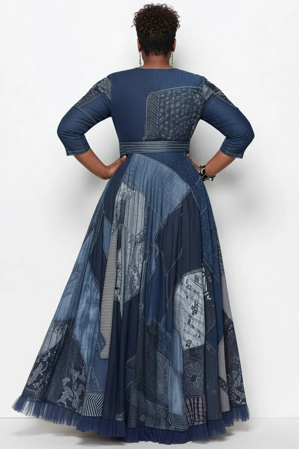 Semi  Blue Graphic Round Neck 3/4 Sleeve Pocket Casual Ruffle Maxi Dresses