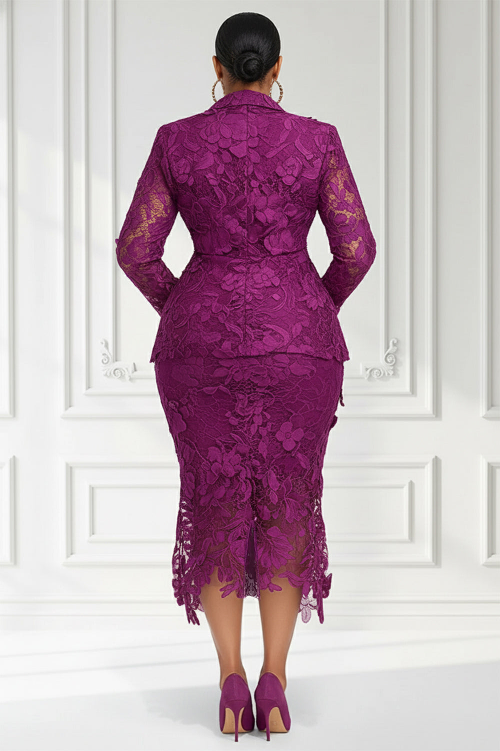 Cocktail Party Purple Lapel Collar Long Sleeve Bodycon See Through Lace Two Piece Skirt Set
