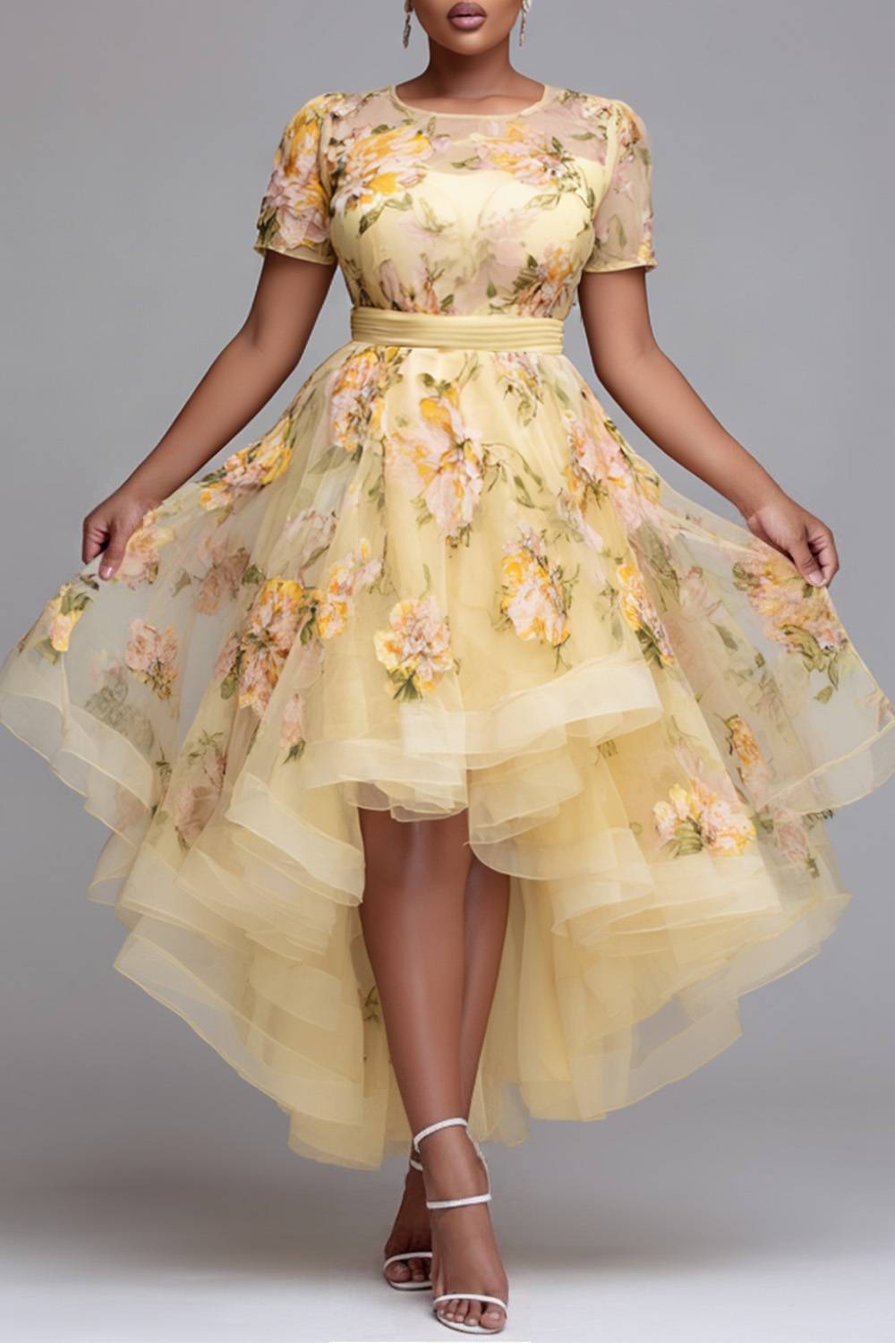 Wedding Guest Yellow Floral Round Neck Short Sleeve High Low Hem Tulle Midi Dresses