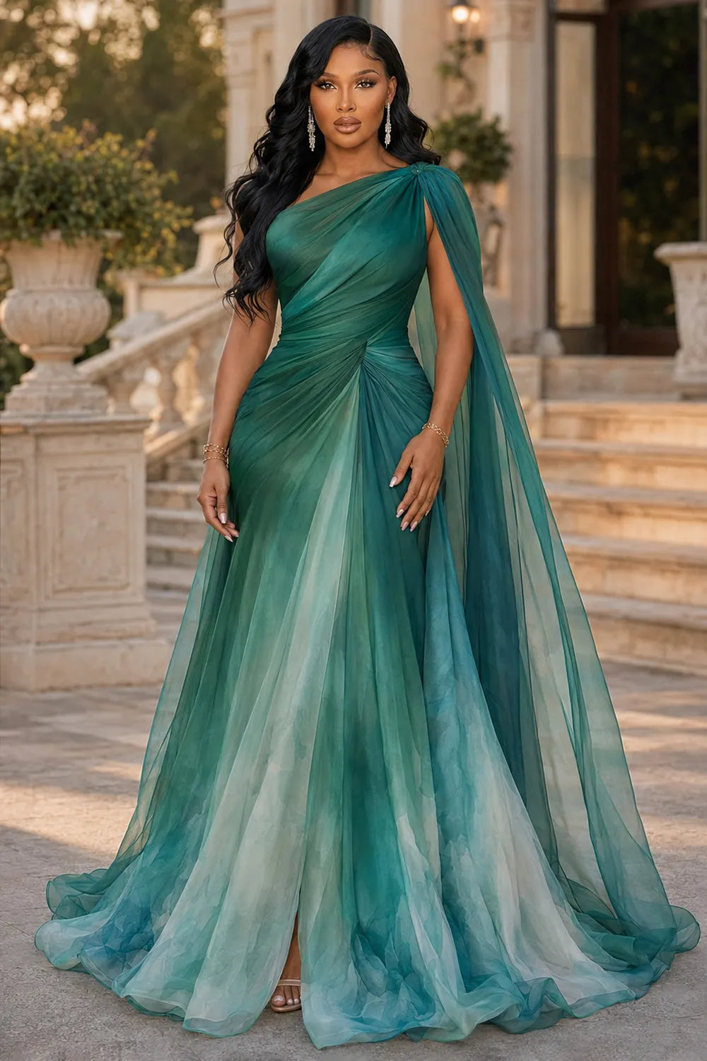 Ombre Oblique Collar Long Streamer Ruched Maxi Dresses-Green [Pre Order]