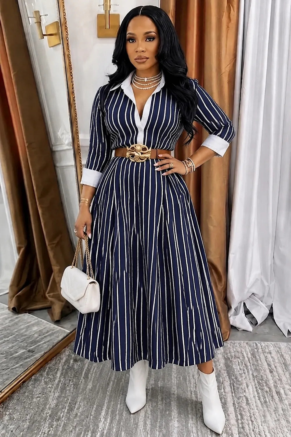 Striped Print Turndown Collar 3/4 Sleeve Casual Midi Dresses-Navy [Pre Order]