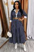 Striped Print Turndown Collar 3/4 Sleeve Casual Midi Dresses-Navy [Pre Order]