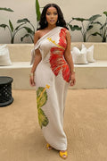One Shoulder Sleeveless Floral Print Vacation Maxi Dresses-Beige