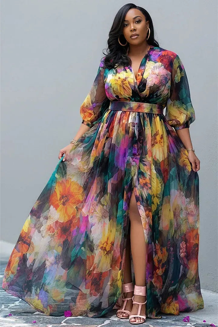 Vacation Multicolor Floral V Neck Puff Sleeve Half Sleeve Split Chiffon Maxi Dresses