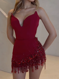 Burgundy Beaded Strapless Mini Dress with Fringe Trim & Crystal Embellishments