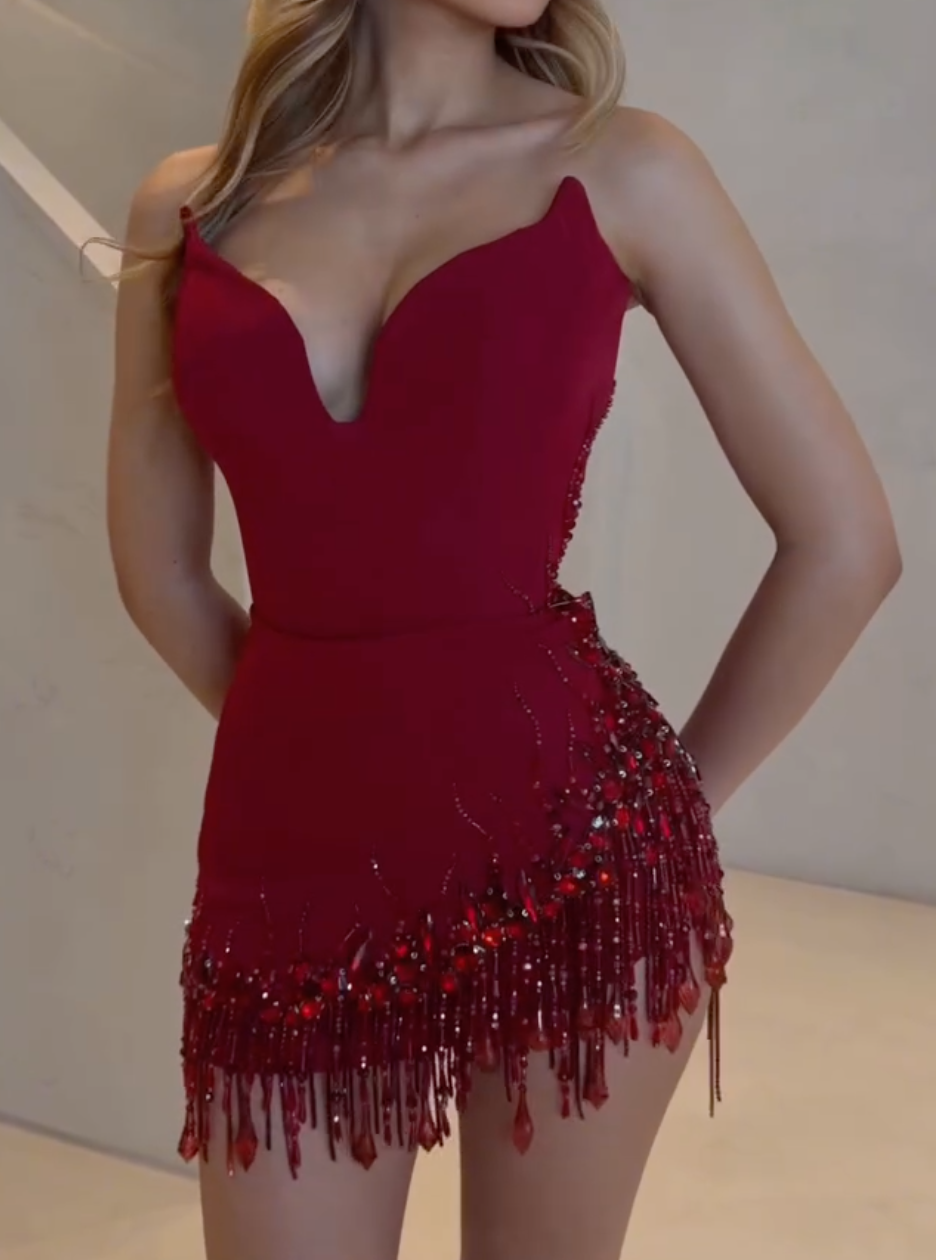Burgundy Beaded Strapless Mini Dress with Fringe Trim & Crystal Embellishments