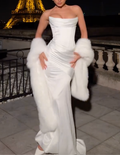 White Satin Strapless Corset Mermaid Maxi Wedding Dress Bridal Evening Party Gown