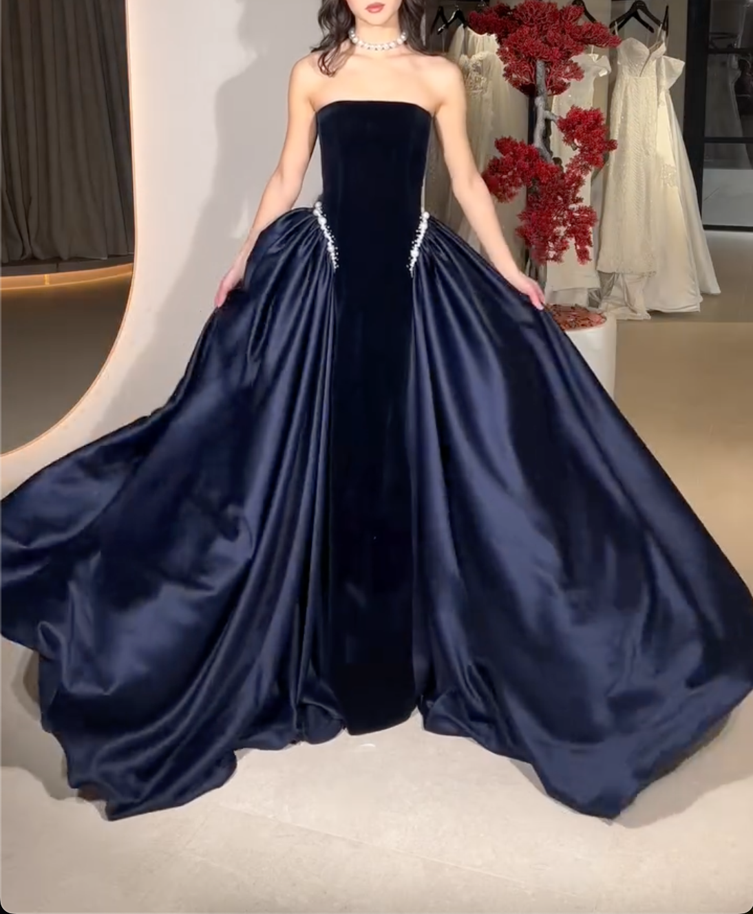 Burgundy/Navy Blue Strapless Velvet Maxi Dress with Satin Skirt & Pearl Trim
