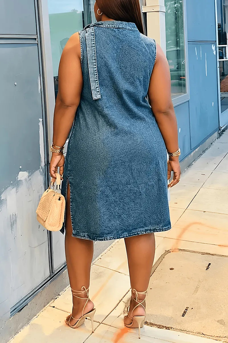 Women Tie Halter Cowl Neck Big Pocket Side Slit Washed Denim Mini Dress