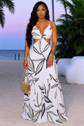 Spaghetti Strap Cut Out High Waist Leaf Print Vacation Maxi Dresses-White