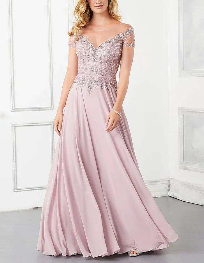 Crew Neck Lace And Chiffon Fabric Maxi Dress