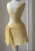 Deep V Cap Sleeve Ruched Tie Waist Mini Flare Dress, Pale Yellow & Red Slim Party Evening Gown