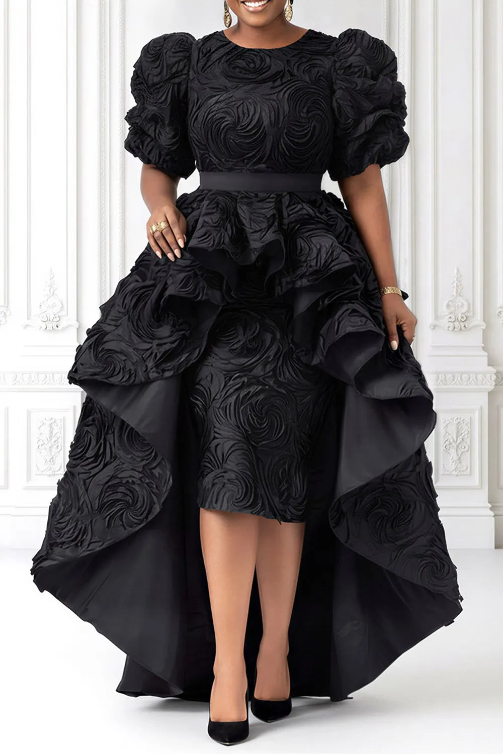 Jacquard  Black Round Neck Puff Sleeve Short Sleeve With Skirt Overlay Midi Dresses