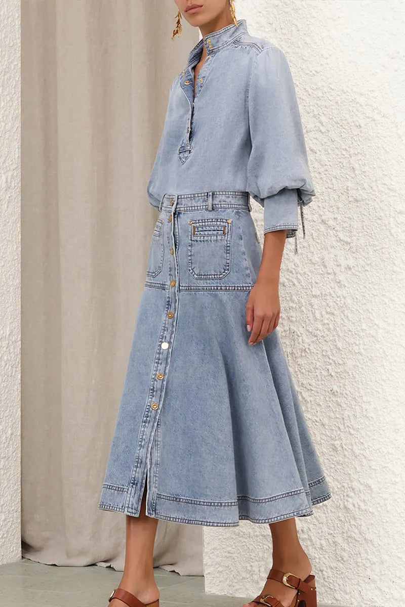 Women's Casual Button Up Denim Top & Casual Long Denim Skirt