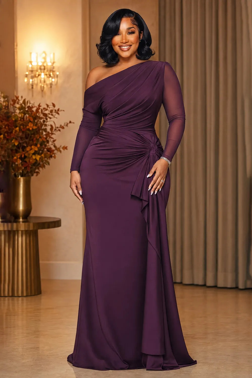 Oblique Collar Long Sleeve Ruched Cinch Waist Maxi Dresses-Purple [Pre Order]